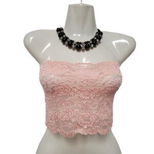 Pink See Through Elastic Lace Bandeau Strapless Lace Tube Top Lace Crop Top